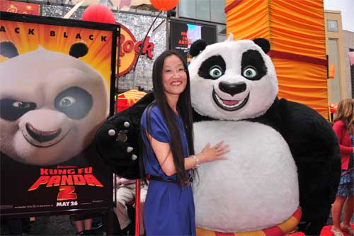 Kung Fu Panda 2 director Jennifer Yuh Nelson with Po on the red carpet