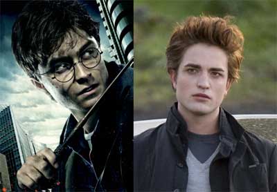 Daniel Radcliffe as Harry Potter and Robert Pattinson as Edward