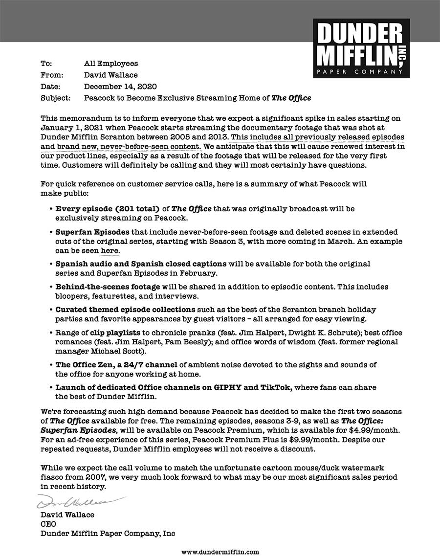 Dunder Mifflin Memo Peacock to Become Exclusive Streaming Home of The Office