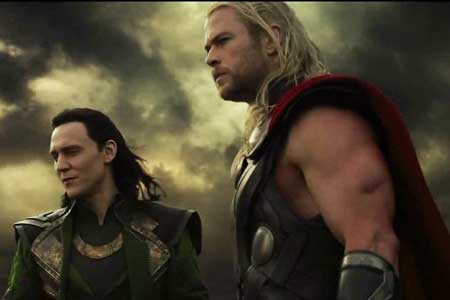 Tom Hiddleston and Chris Hemsworth in THOR: THE DARK WORLD