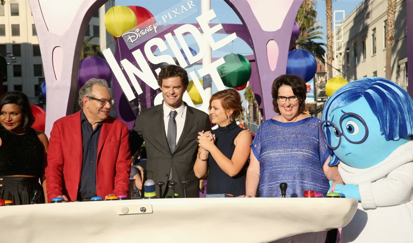 HOLLYWOOD, CA - JUNE 08:  (L-R) Actors Mindy Kaling, Lewis Black, Bill Hader, Amy Poehler and Phyllis Smith and Sadness attend the Los Angeles Premiere and Party for Disney?Pixar?s INSIDE OUT at El Capitan Theatre on June 8, 2015 in Hollywood, California.  (Photo by Jesse Grant/Getty Images for Disney)