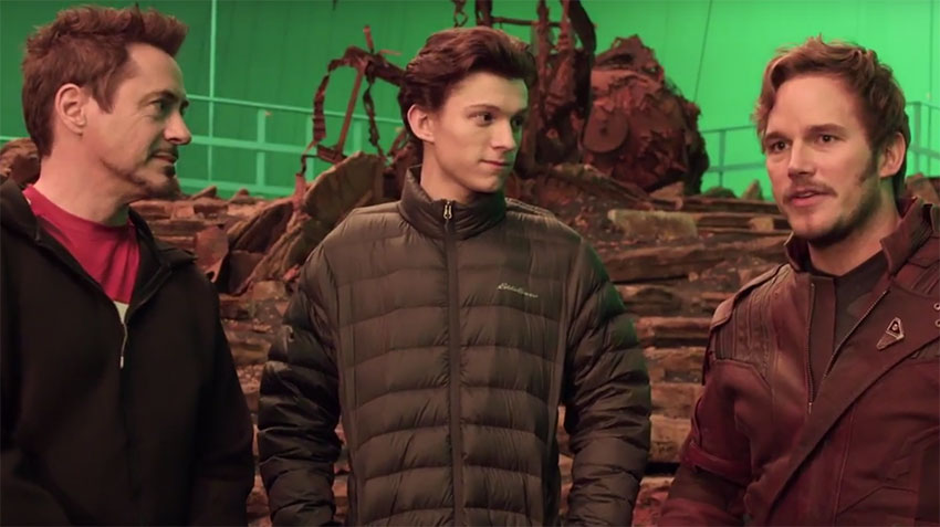 Marvel Avengers Infinity on set Robert Downey, Jr., Tom Holland, Chris Pratt
