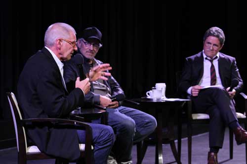 Photo credit: Peter Wintersteller/ABImages (Left to right) Surprise guest Harrison Ford, Steven Spielberg and Paramount Chairman and CEO Brad Grey at the INDIANA JONES AND THE RAIDERS OF THE LOST ARK special screening and Q&A held September 13th at Paramount Studios in Hollywood, CA.