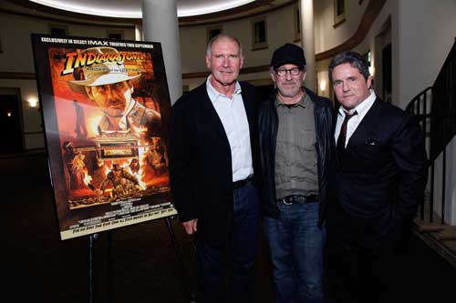 Photo credit: Peter Wintersteller/ABImages (Left to right) Surprise guest Harrison Ford, Steven Spielberg and Paramount Chairman and CEO Brad Grey at the INDIANA JONES AND THE RAIDERS OF THE LOST ARK special screening and Q&A held September 13th at Paramount Studios in Hollywood, CA.