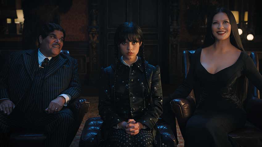 Luis Guzman, Jenna Ortega and Catherine Zeta-Jones in Wednesday Netflix series